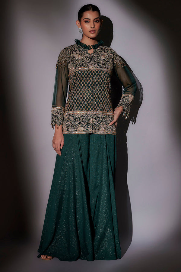 Full Embroidered Jacket With Frill Collar Paired With Flared Sharara