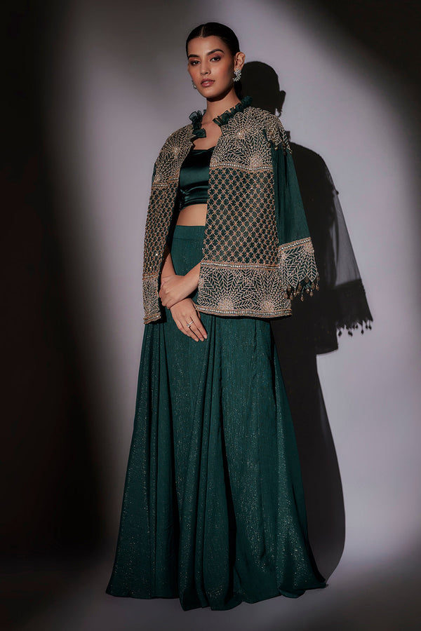 Full Embroidered Jacket With Frill Collar Paired With Flared Sharara