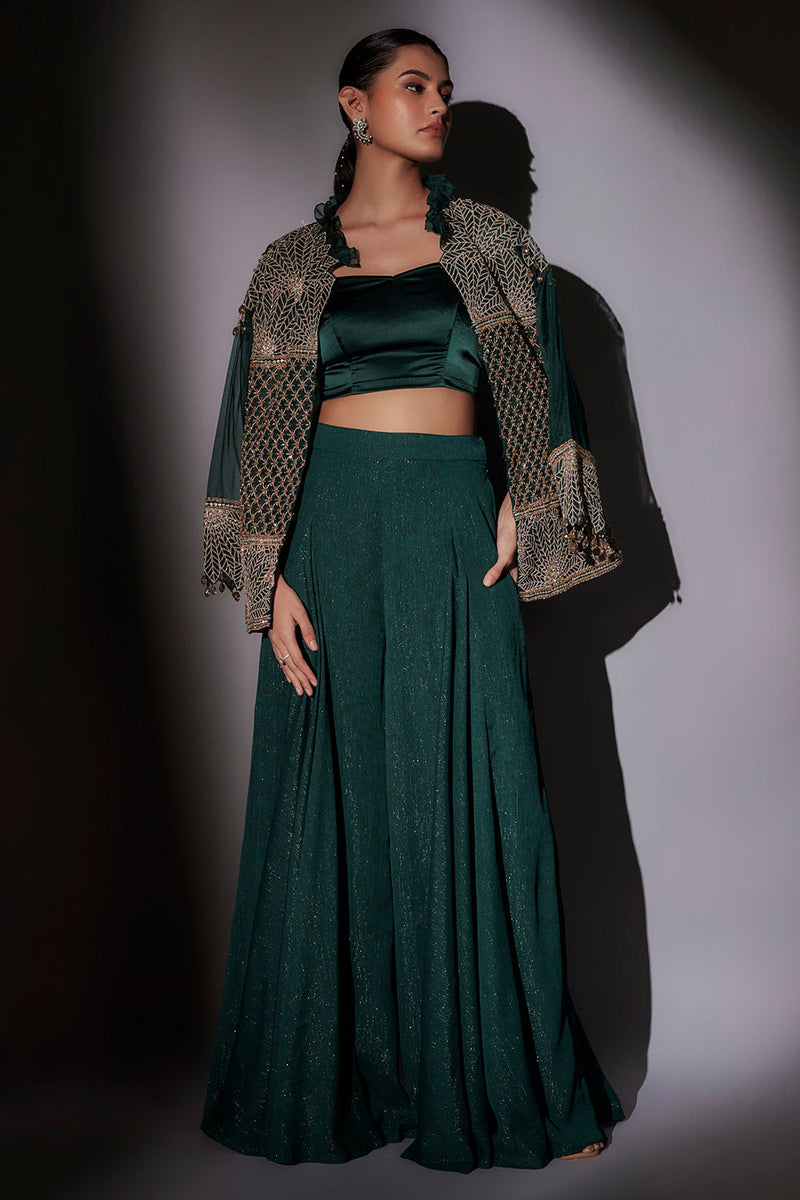 Full Embroidered Jacket With Frill Collar Paired With Flared Sharara
