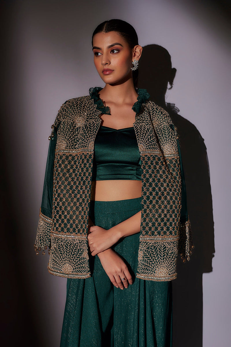 Full Embroidered Jacket With Frill Collar Paired With Flared Sharara