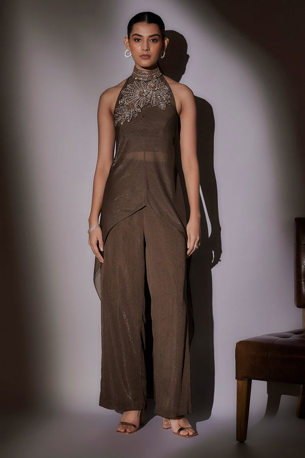 Haulter Neckband Cape With Straight Hipster Pants