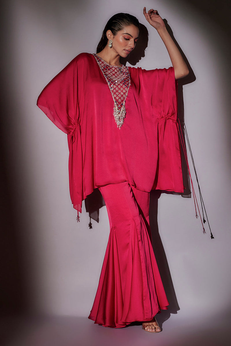 Short Kaftan With Side Drawstrings Paired With Panel Flared Sharara