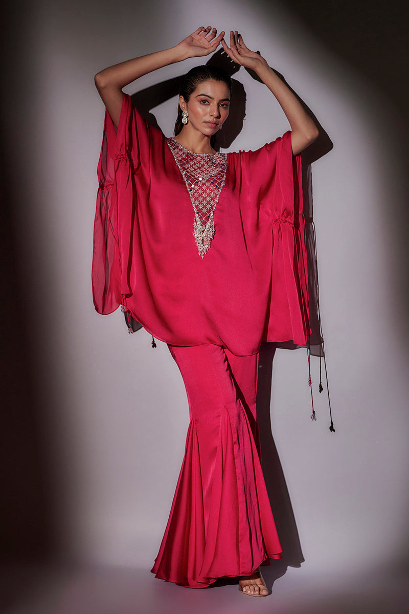 Short Kaftan With Side Drawstrings Paired With Panel Flared Sharara