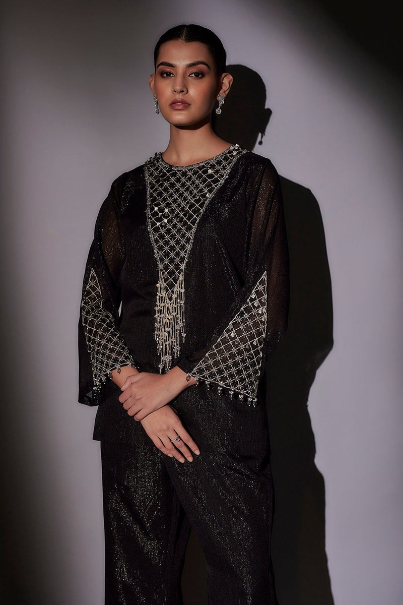 Front Neck Embroidered With Seeves Detailing Paired With Straight Hipster Pants