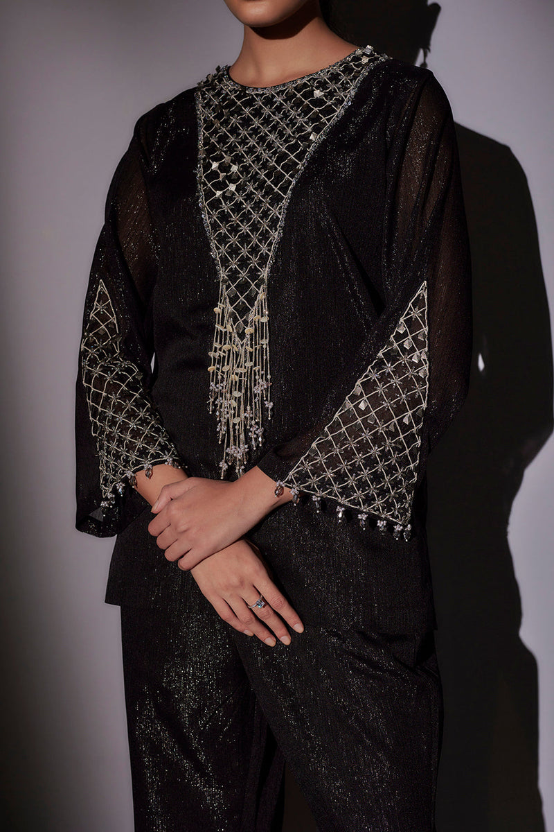 Front Neck Embroidered With Seeves Detailing Paired With Straight Hipster Pants