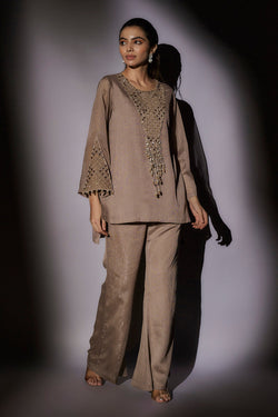 Front Neck Embroidered With Seeves Detailing Paired With Straight Hipster Pants