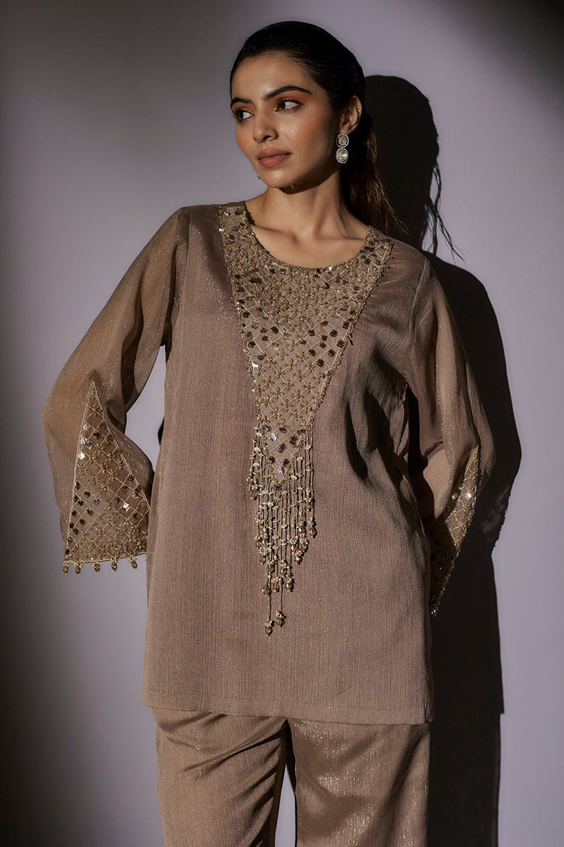 Front Neck Embroidered With Seeves Detailing Paired With Straight Hipster Pants