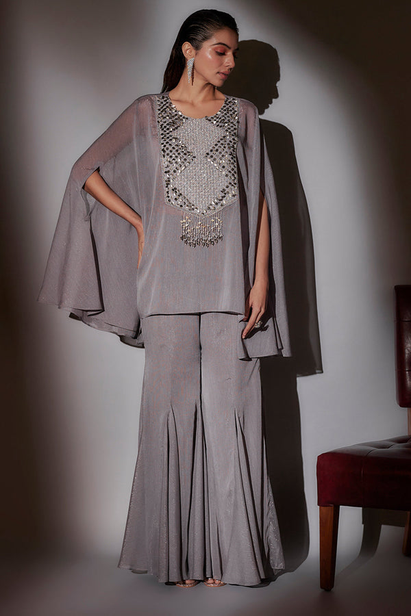 Sheer Cape Set With From Embroidery Paired With Panel Flared Sharara