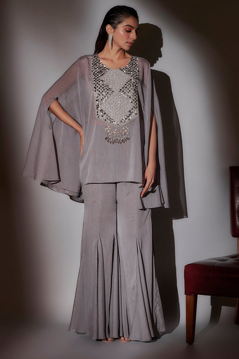 Sheer Cape Set With From Embroidery Paired With Panel Flared Sharara
