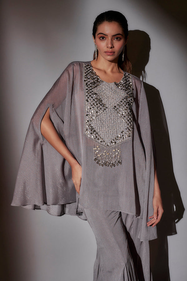 Sheer Cape Set With From Embroidery Paired With Panel Flared Sharara