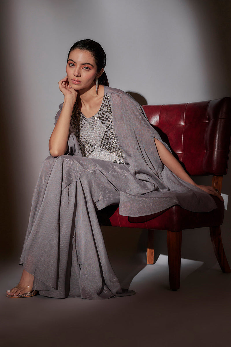 Sheer Cape Set With From Embroidery Paired With Panel Flared Sharara
