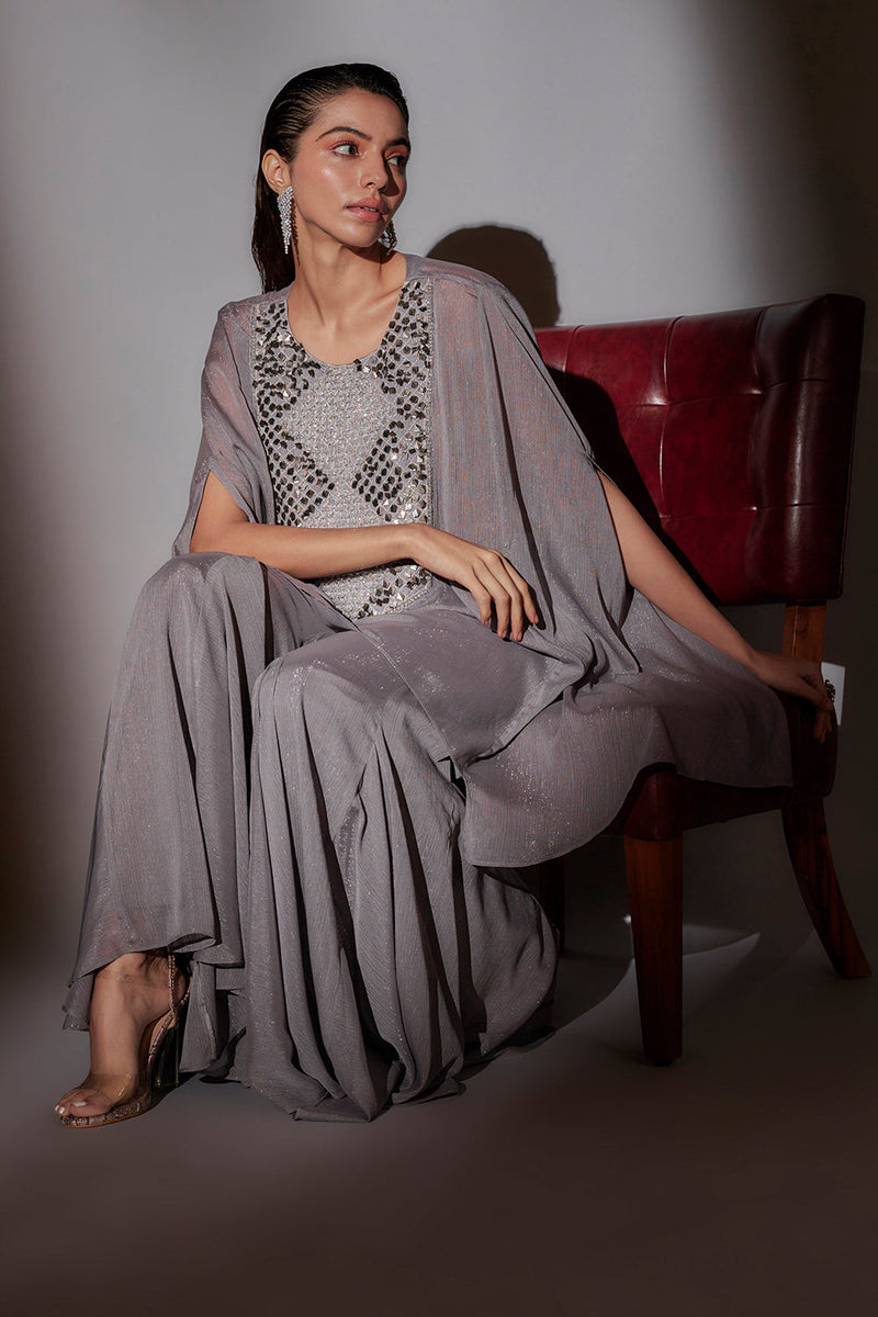Sheer Cape Set With From Embroidery Paired With Panel Flared Sharara