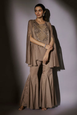 Sheer Cape Set With From Embroidery Paired With Panel Flared Sharara