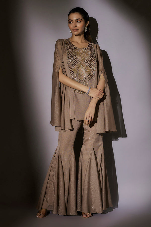 Sheer Cape Set With From Embroidery Paired With Panel Flared Sharara