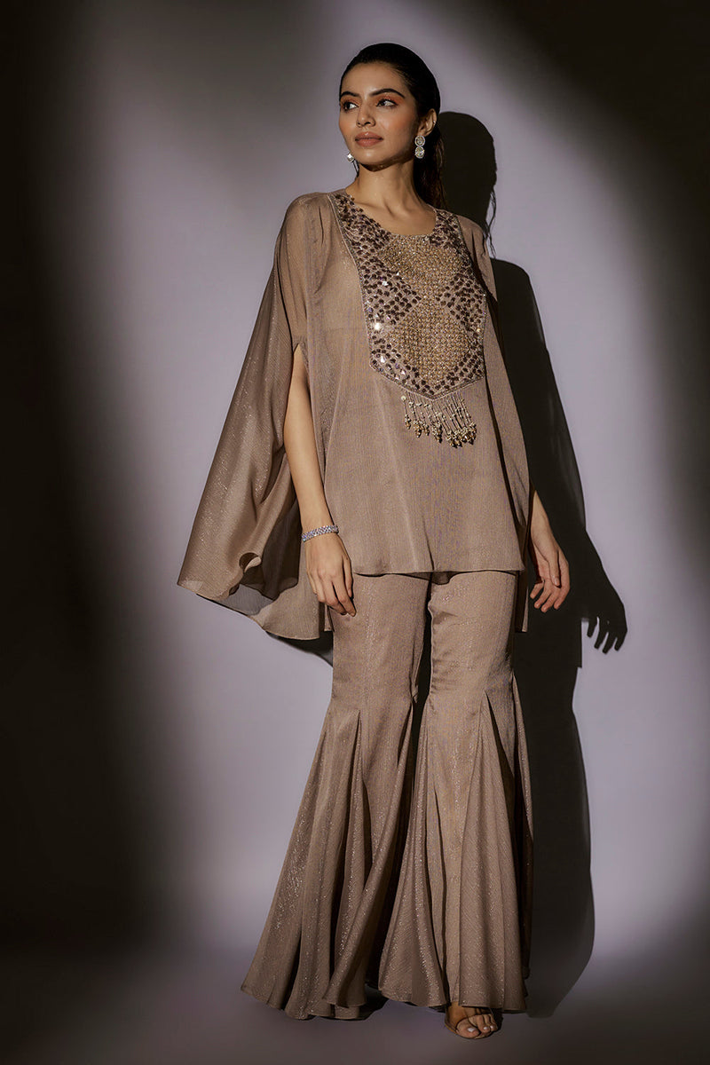 Sheer Cape Set With From Embroidery Paired With Panel Flared Sharara