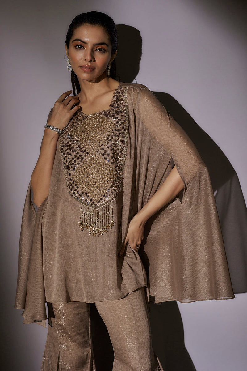 Sheer Cape Set With From Embroidery Paired With Panel Flared Sharara