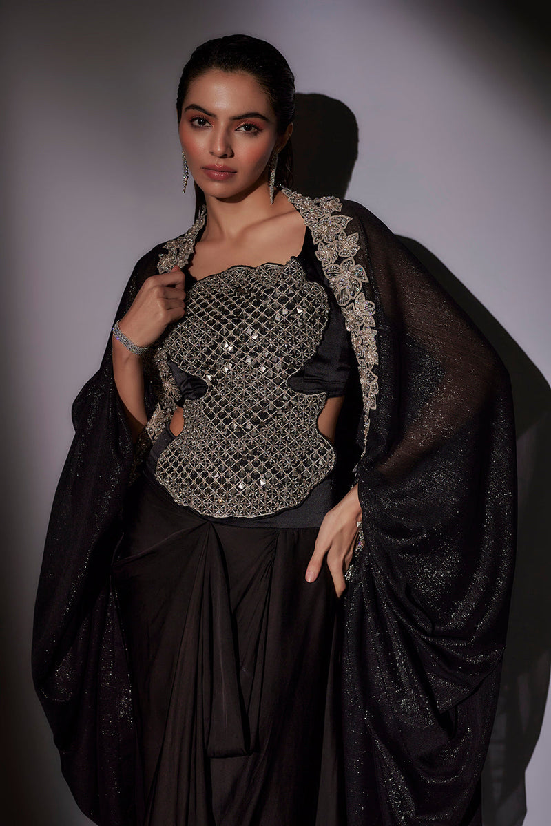Heavy Hand Mbroidered Top With Ballon Cape Paired With Our Signature Pickup Skirt