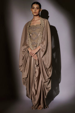 Heavy Hand Mbroidered Top With Ballon Cape Paired With Our Signature Pickup Skirt