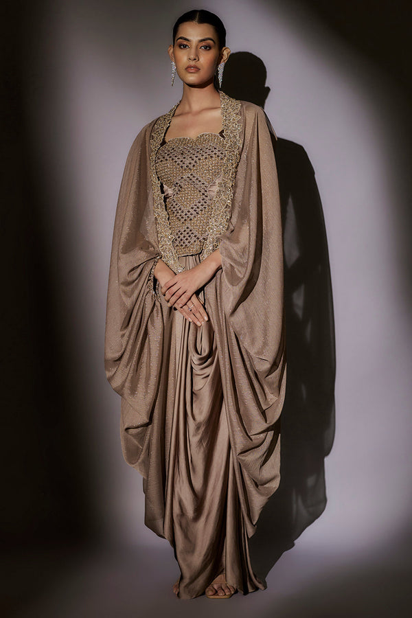 Heavy Hand Mbroidered Top With Ballon Cape Paired With Our Signature Pickup Skirt
