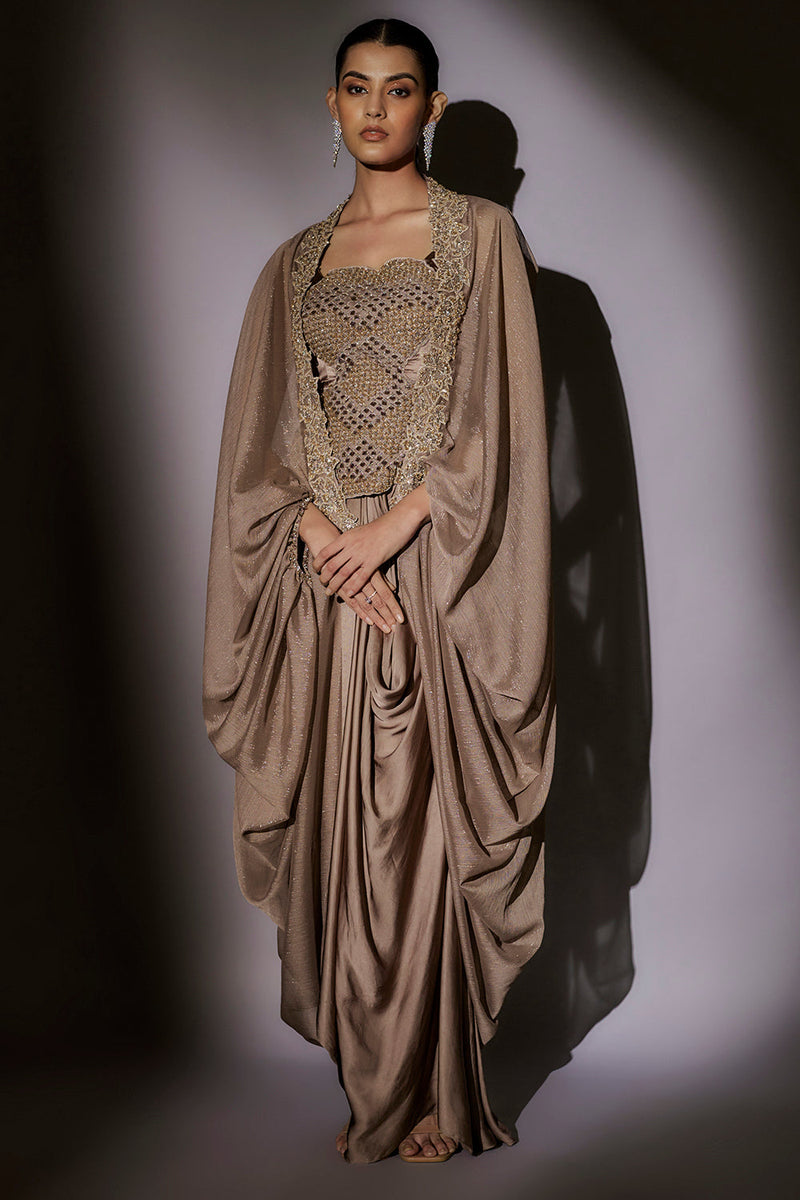Heavy Hand Mbroidered Top With Ballon Cape Paired With Our Signature Pickup Skirt