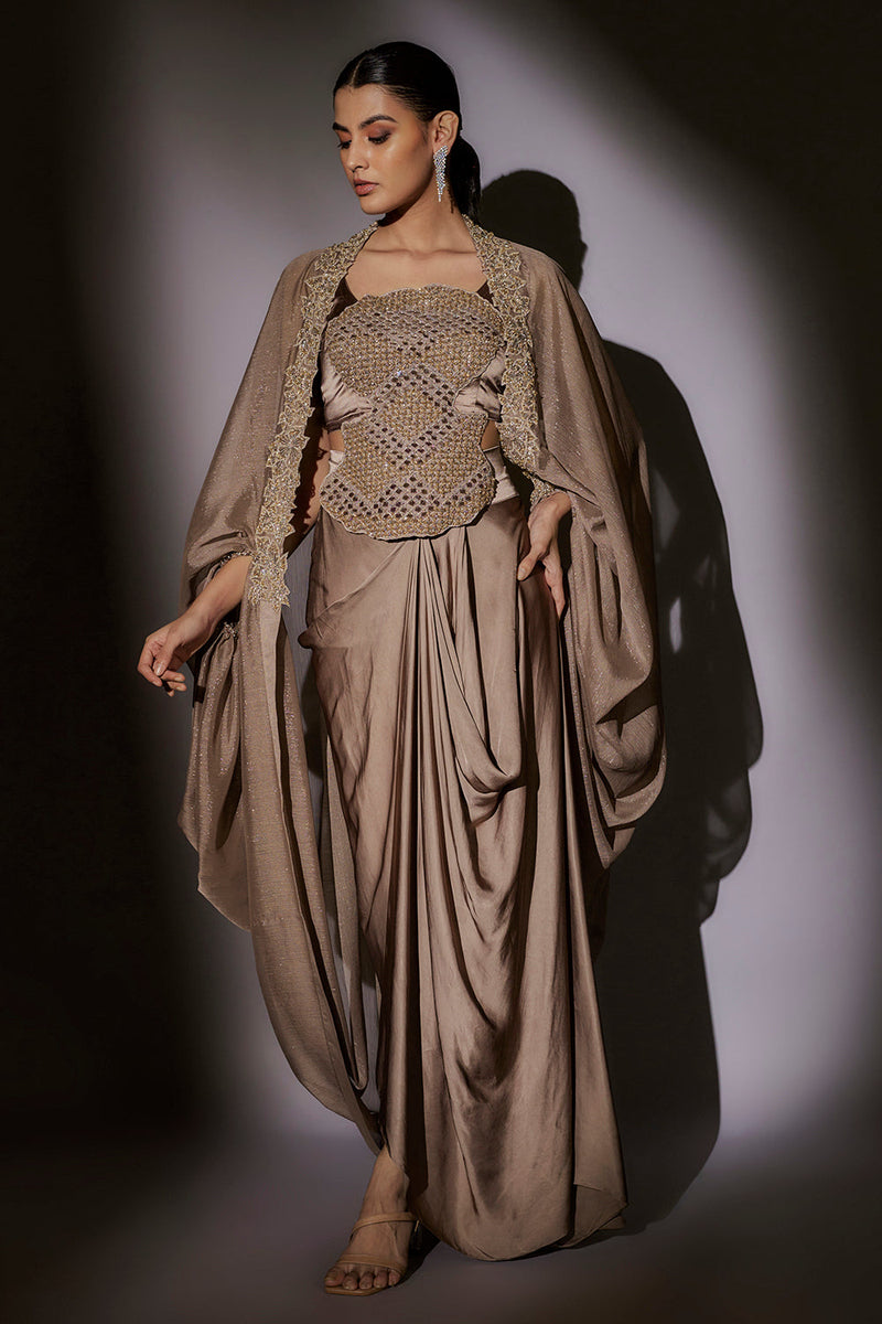 Heavy Hand Mbroidered Top With Ballon Cape Paired With Our Signature Pickup Skirt