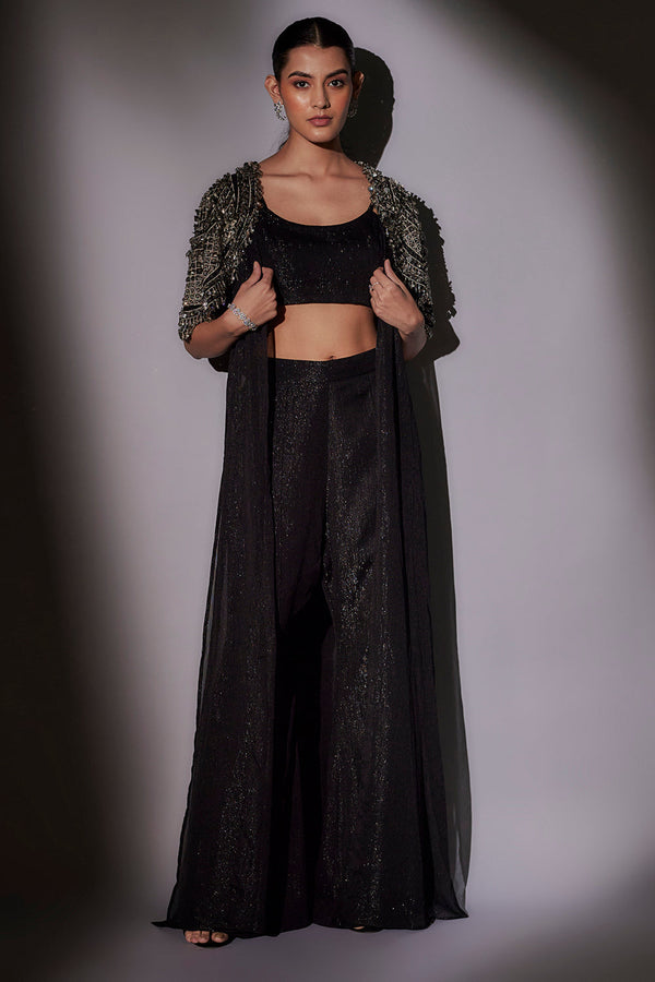 Heavy Bolero Hand Embroidered Long Jacket Paired With Bustier And Hipster Flared Pants