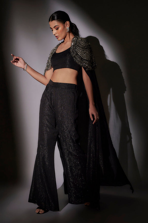 Heavy Bolero Hand Embroidered Long Jacket Paired With Bustier And Hipster Flared Pants