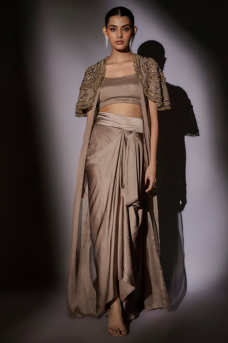 Heavy Bolero Hand Embroidered Long Jacket Paired With Bustier And Hipster Flared Pants