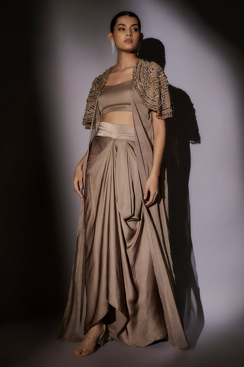 Heavy Bolero Hand Embroidered Long Jacket Paired With Bustier And Hipster Flared Pants