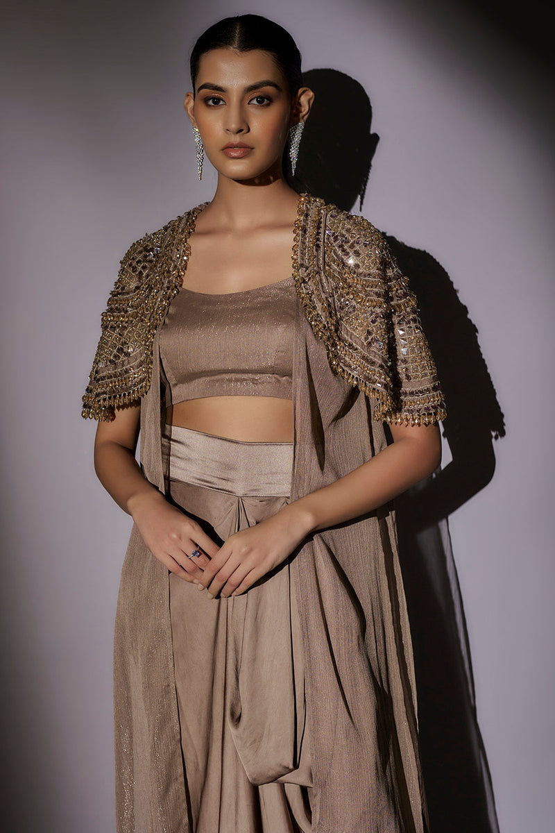 Heavy Bolero Hand Embroidered Long Jacket Paired With Bustier And Hipster Flared Pants
