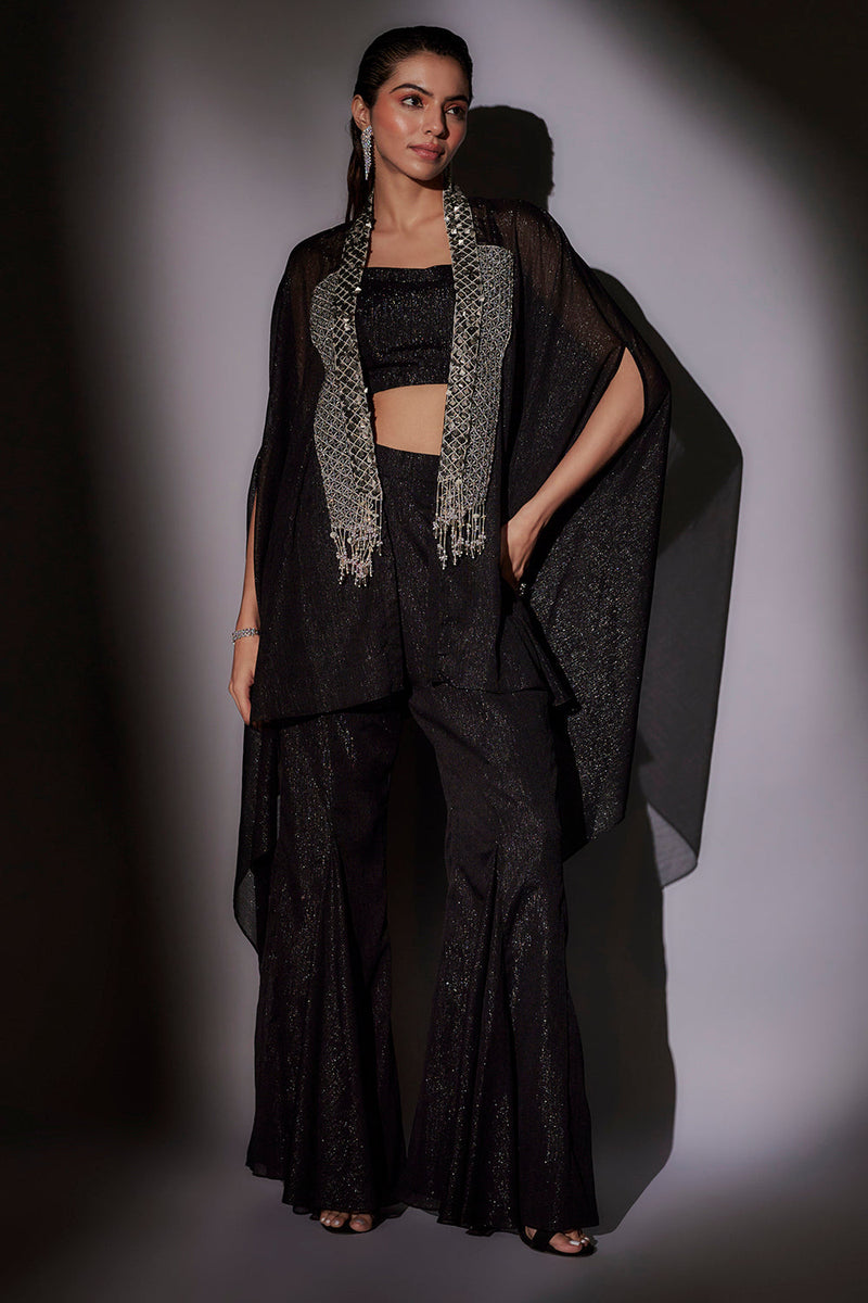 Double Collar Check Embroidered Cape Paird With Lurex Bustier And Panel Flared Sharara