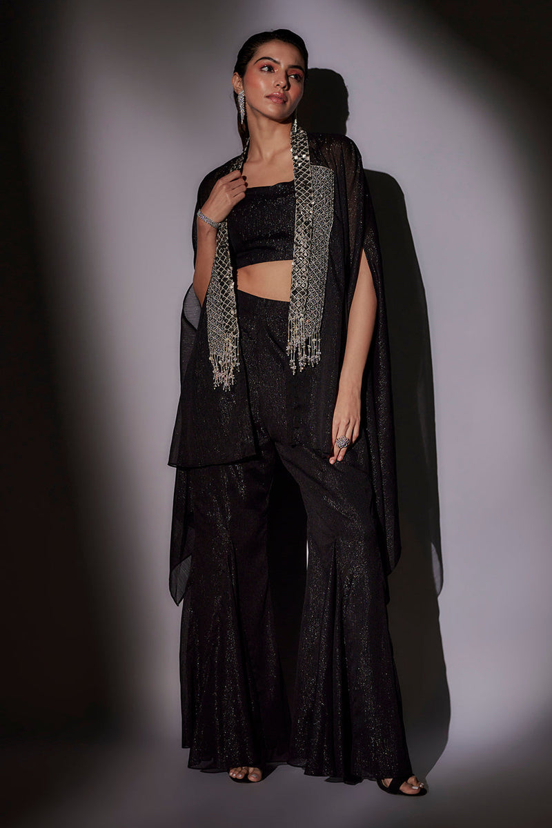 Double Collar Check Embroidered Cape Paird With Lurex Bustier And Panel Flared Sharara