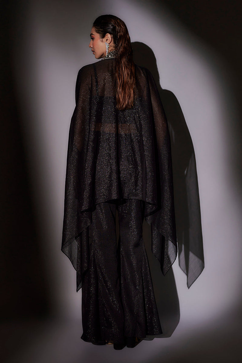 Double Collar Check Embroidered Cape Paird With Lurex Bustier And Panel Flared Sharara