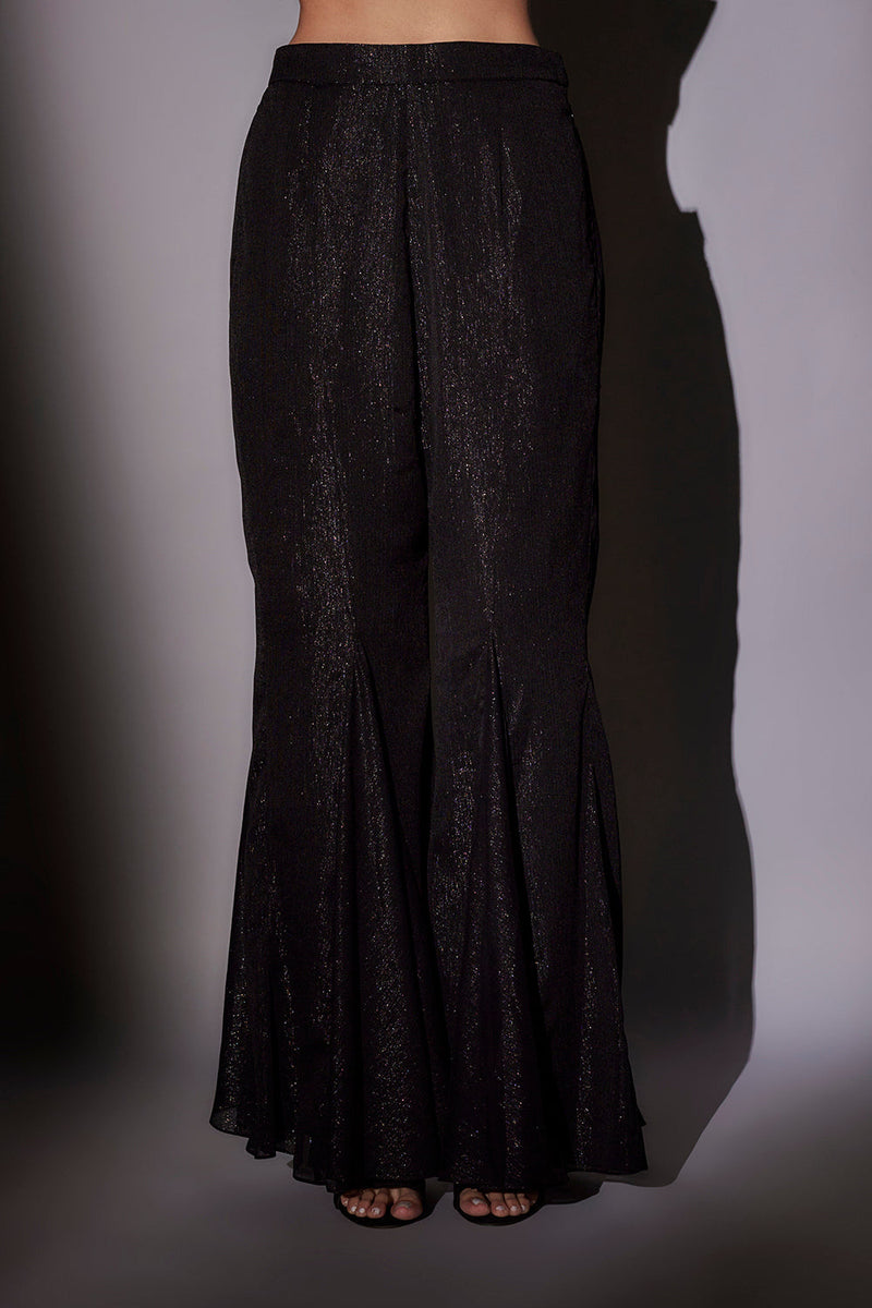 Double Collar Check Embroidered Cape Paird With Lurex Bustier And Panel Flared Sharara