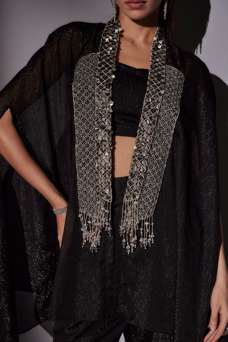 Double Collar Check Embroidered Cape Paird With Lurex Bustier And Panel Flared Sharara