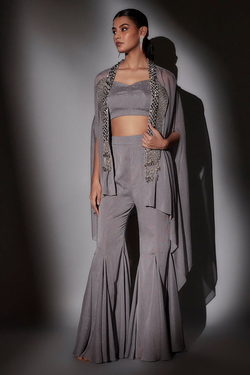 Double Collar Check Embroidered Cape Paird With Lurex Bustier And Panel Flared Sharara