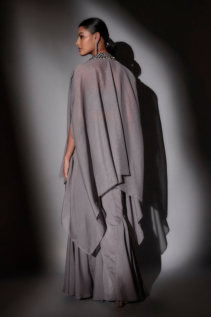 Double Collar Check Embroidered Cape Paird With Lurex Bustier And Panel Flared Sharara