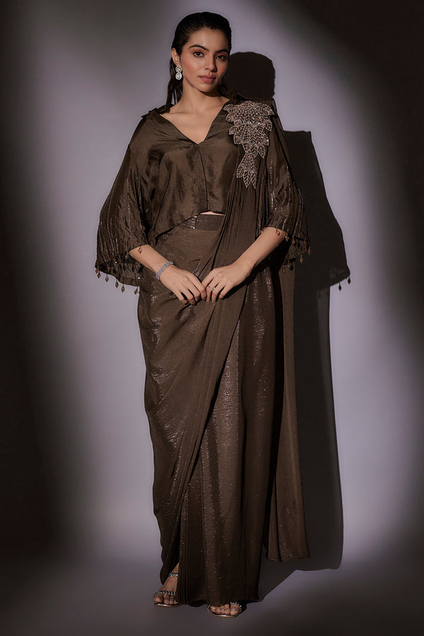 Bohemian Inspired Shirt Blouse With Bell Sleeves Paired With Pre Draped Saree