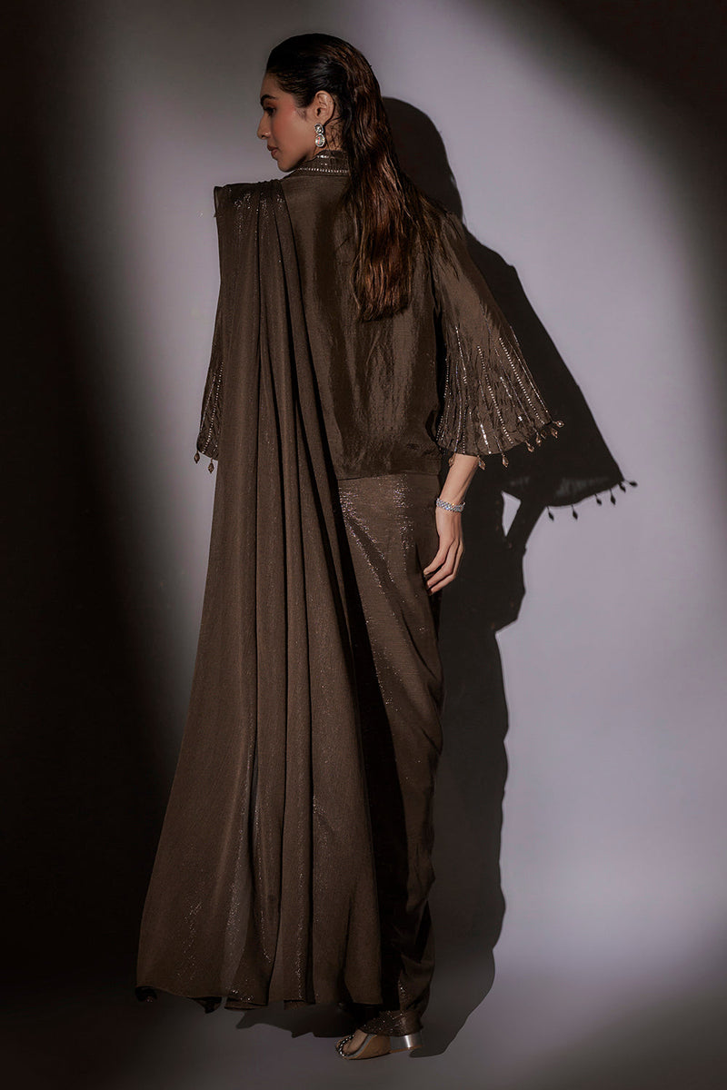 Bohemian Inspired Shirt Blouse With Bell Sleeves Paired With Pre Draped Saree