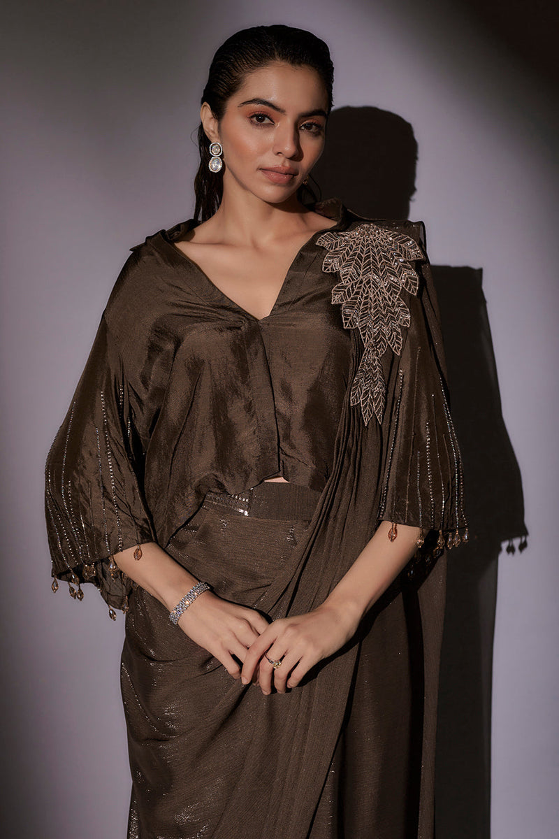 Bohemian Inspired Shirt Blouse With Bell Sleeves Paired With Pre Draped Saree