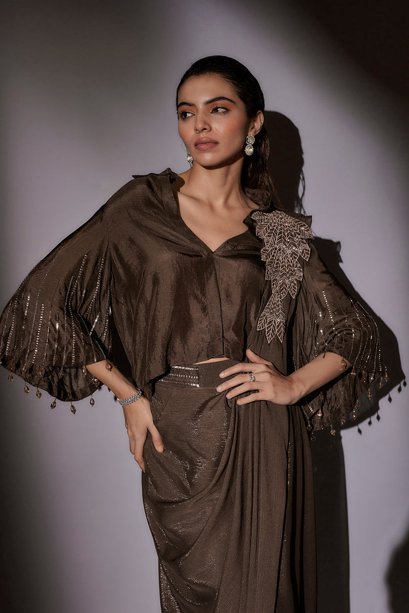 Bohemian Inspired Shirt Blouse With Bell Sleeves Paired With Pre Draped Saree