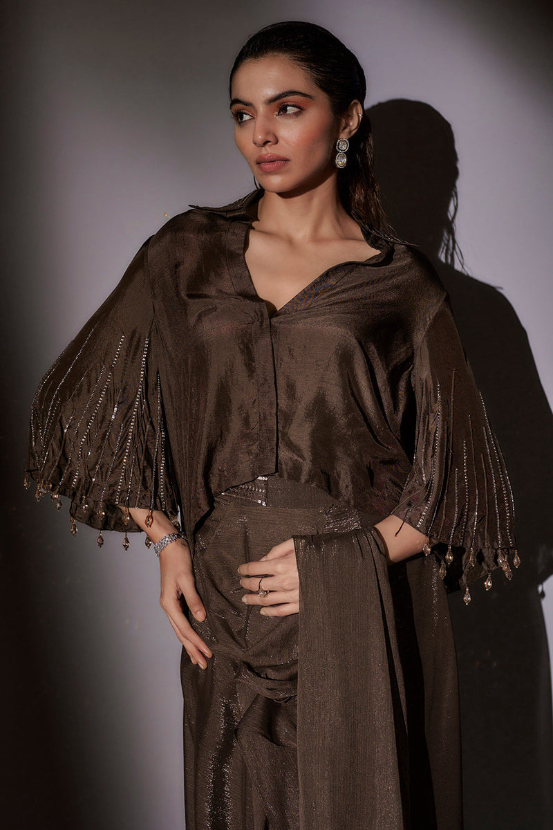 Bohemian Inspired Shirt Blouse With Bell Sleeves Paired With Pre Draped Saree