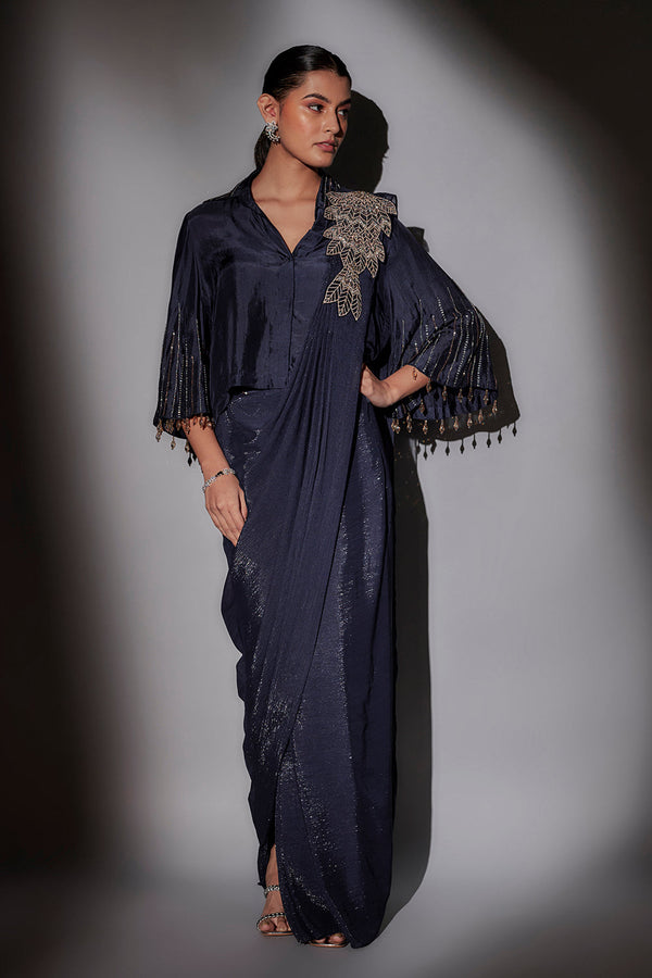 Bohemian Inspired Shirt Blouse With Bell Sleeves Paired With Pre Draped Saree