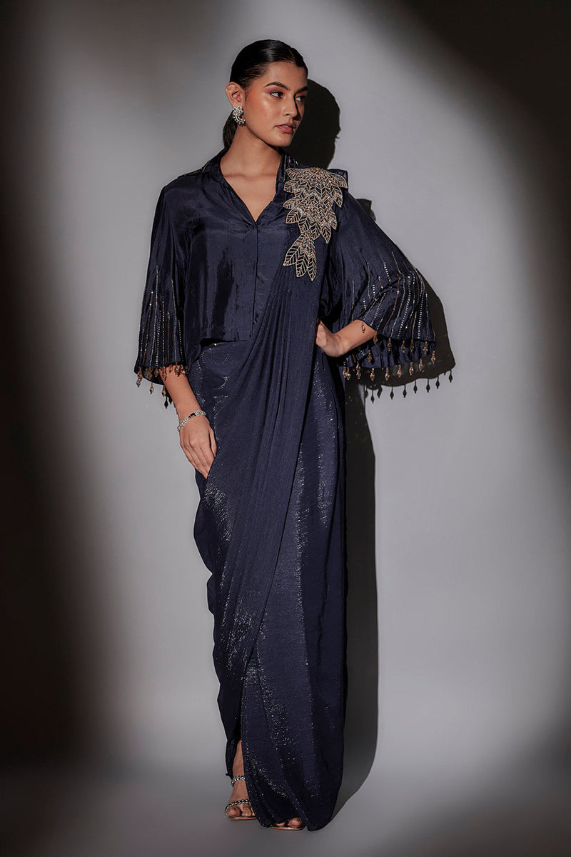 Bohemian Inspired Shirt Blouse With Bell Sleeves Paired With Pre Draped Saree
