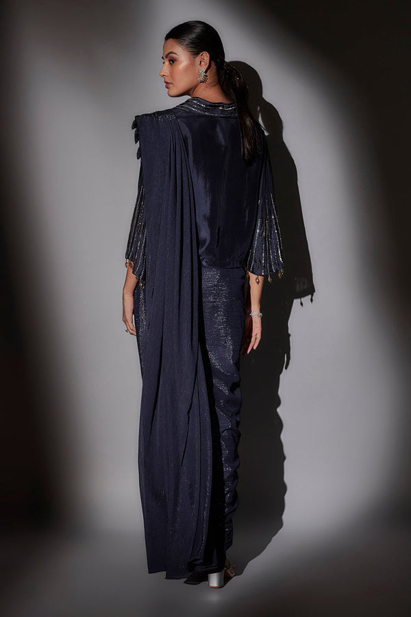 Bohemian Inspired Shirt Blouse With Bell Sleeves Paired With Pre Draped Saree