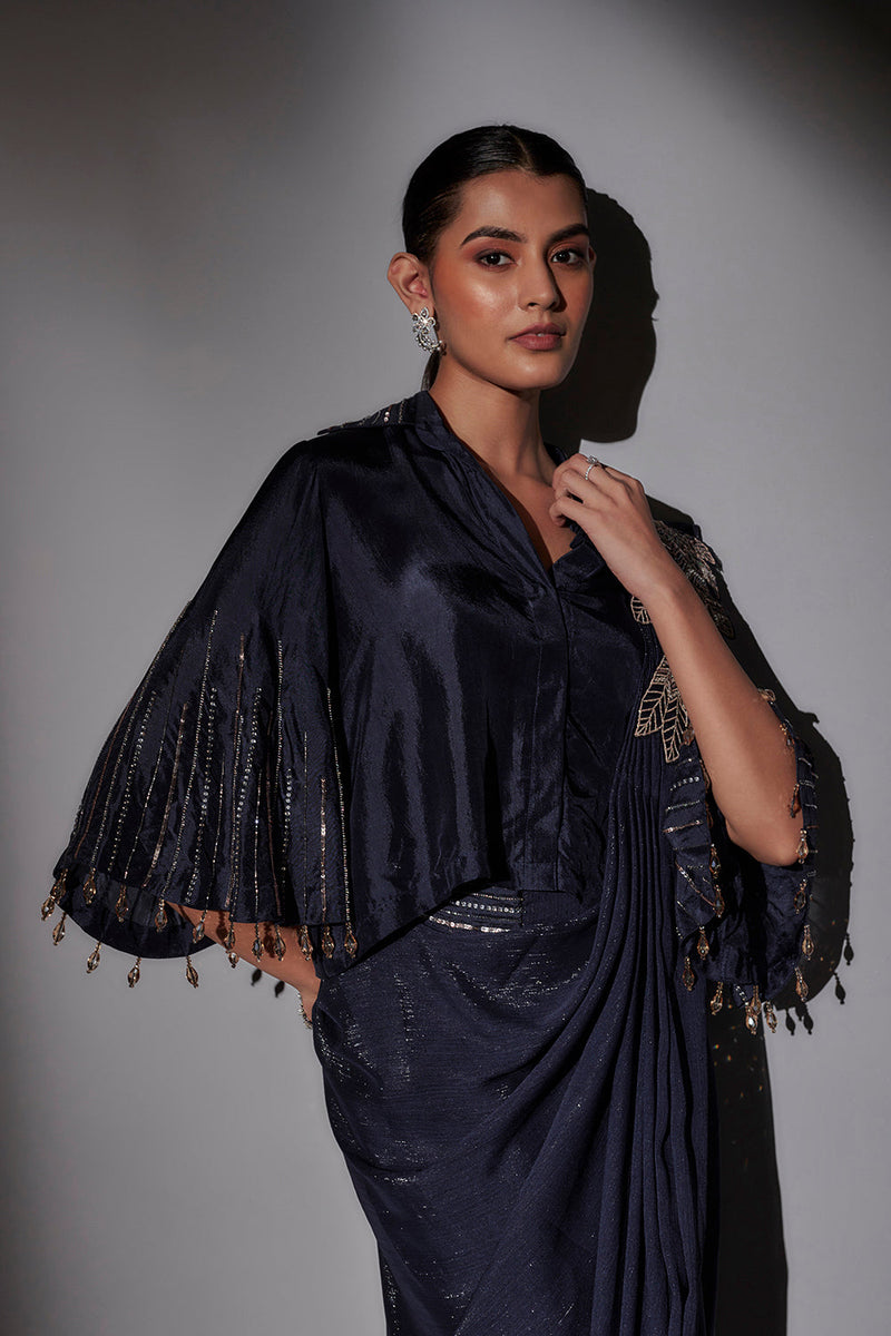 Bohemian Inspired Shirt Blouse With Bell Sleeves Paired With Pre Draped Saree