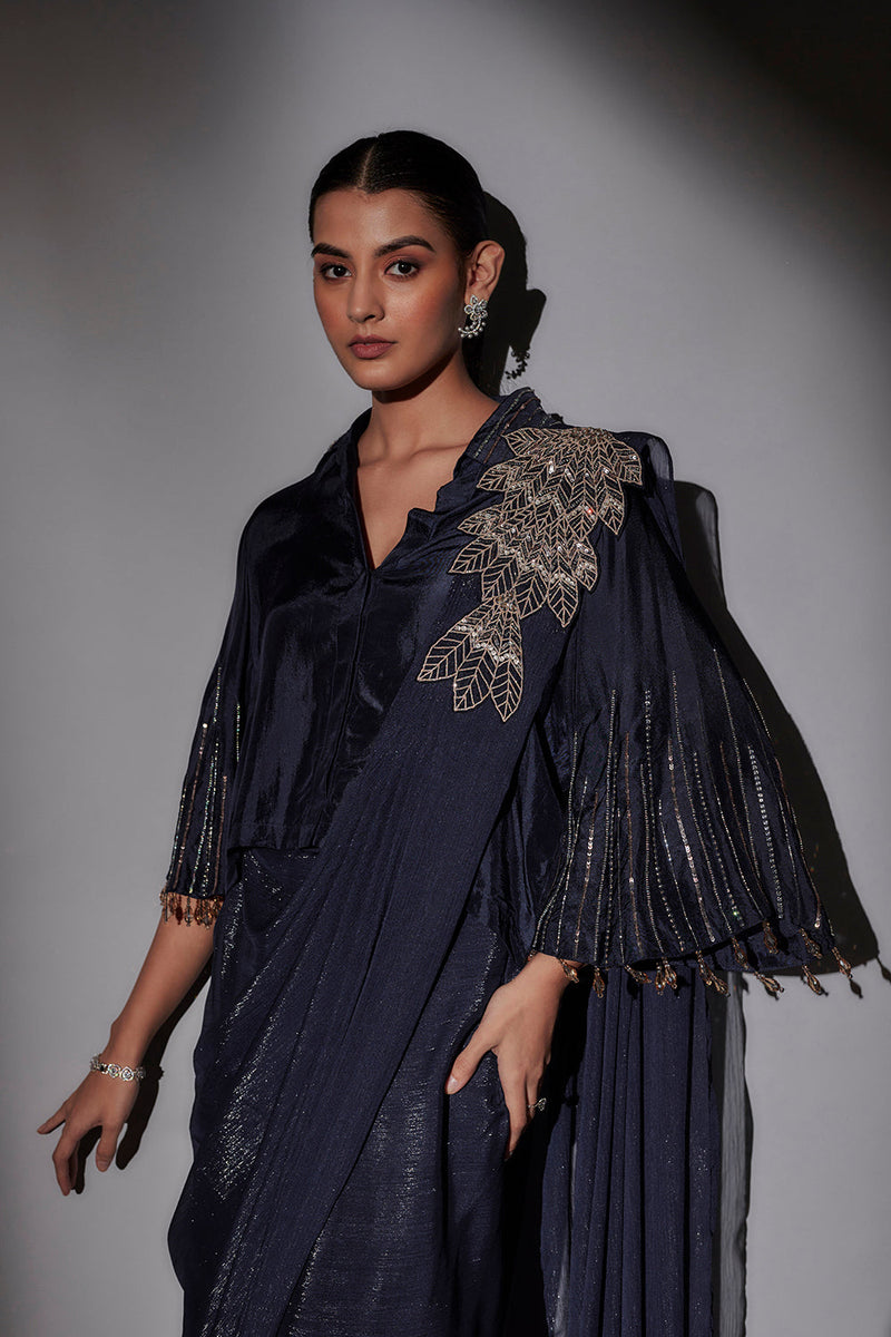 Bohemian Inspired Shirt Blouse With Bell Sleeves Paired With Pre Draped Saree