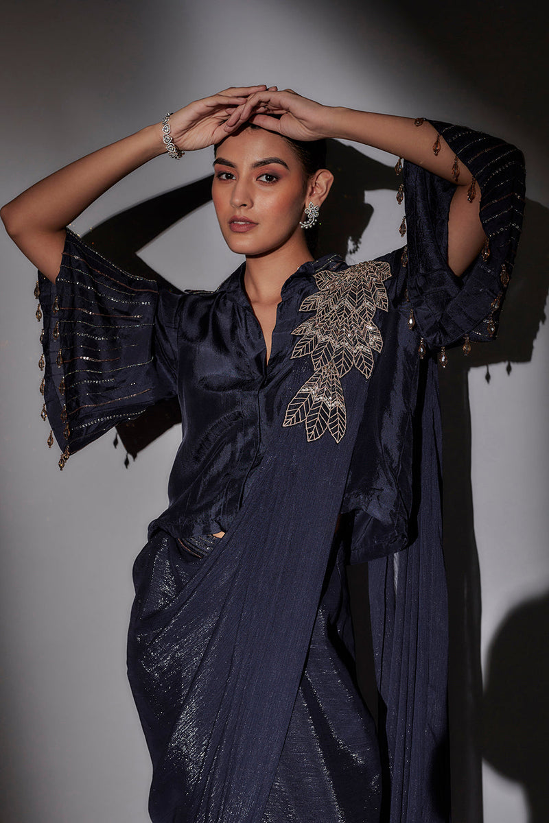 Bohemian Inspired Shirt Blouse With Bell Sleeves Paired With Pre Draped Saree