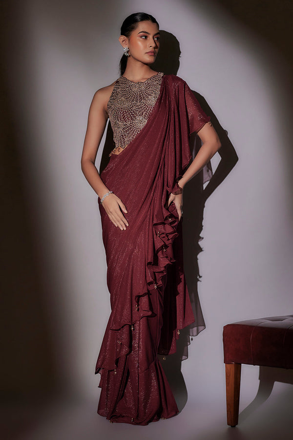Leaf Embroidery Haultr Neck Blouse Paired With Frill Pre Draped Saree With Crystal Hangings
