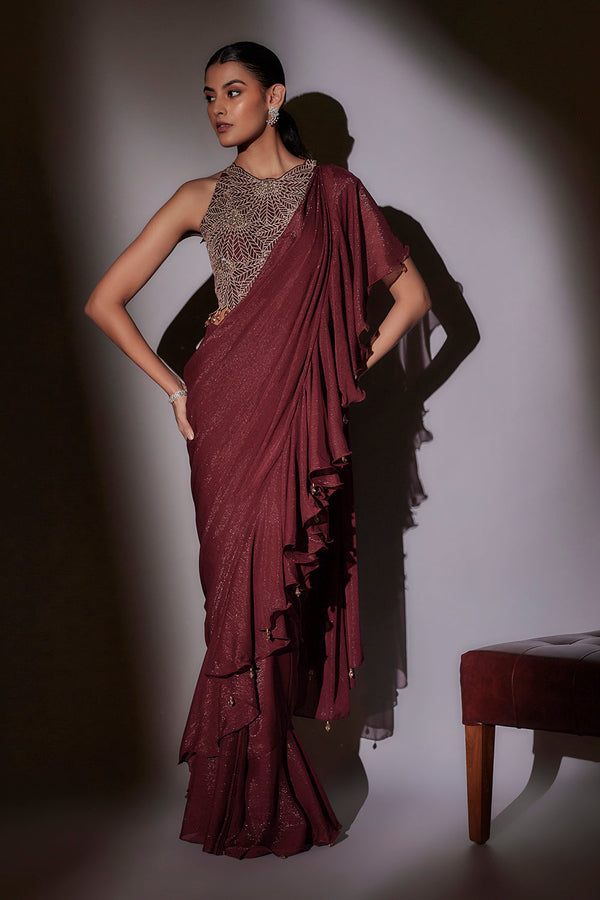 Leaf Embroidery Haultr Neck Blouse Paired With Frill Pre Draped Saree With Crystal Hangings